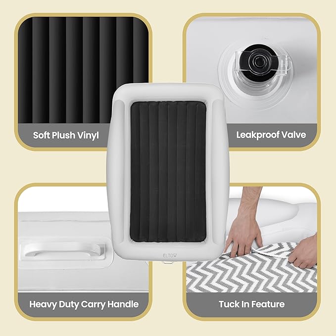 ELTOW Toddler Blow-Up Mattress with Sides, Inflatable Toddler Travel Bed with Safety Bumpers, Portable Kids Air Mattress for Travel, Complete Set with High-Speed Pump & Carry Bag - Black