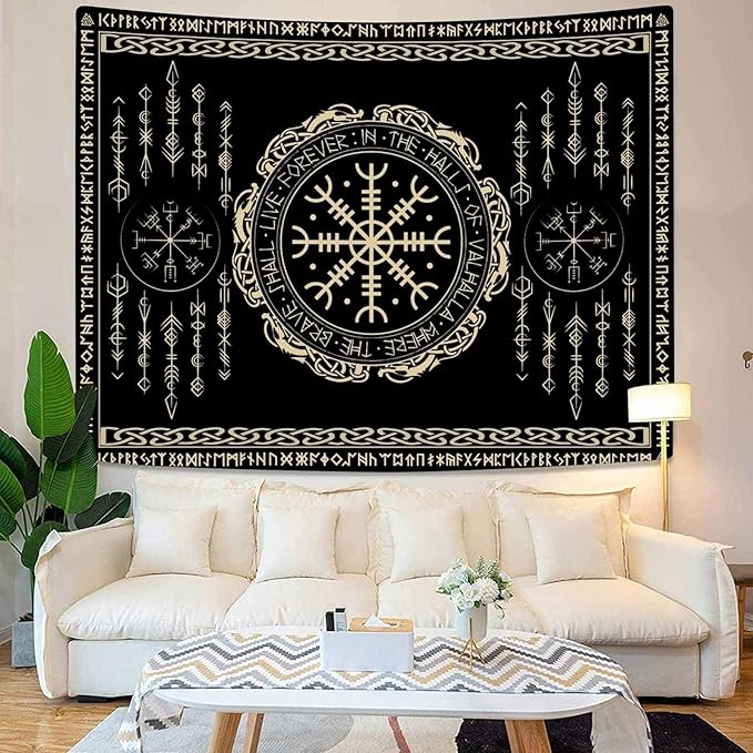 OSUNBD Nordic Vikings Tapestry Small 70x47inches Soft Flannel Vegvsir Symbol Amulet Celtic Rune Scandinavian Aesthetic Mythology Tapestry Wall Hanging for Bedroom Living Room Decor
