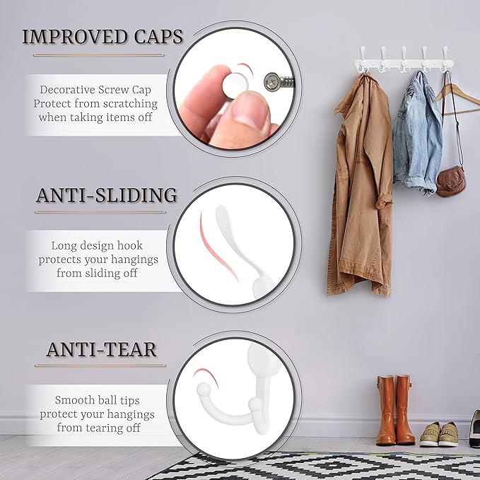Coat Rack Wall Mount with 5 Tri Hooks, Stainless Steel 16 Inch – White Matte Finish, Heavy Duty Wall Mounted Hook Rack for Coats, Hats, Towels, Scarves, Robes, Bags, Entryway & Bathroom