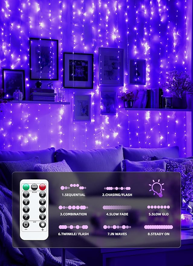 Brightown 300 LED Purple Halloween Fairy Curtain Lights, 9.8ft x 9.8ft Curtain String Lights, USB Plug in 8 Lighting Modes LED Christmas String Hanging Lights with Remote for Bedroom Indoor Weddings