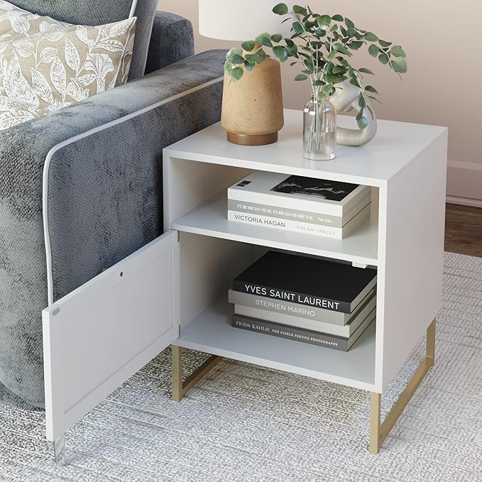 Nathan James Mina Rattan Wood End Side Accent Table Nightstand with Storage for Living Room or Bedroom, 1, White/Gold