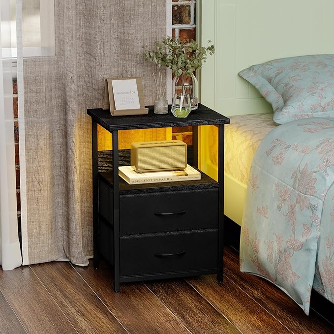 Fixwal Night Stand with Charging Station, LED Nightstand with U-S-B Ports and Outlets, 2 Fabric Storage Drawers with PU Finish, Small Bedside Table, Black