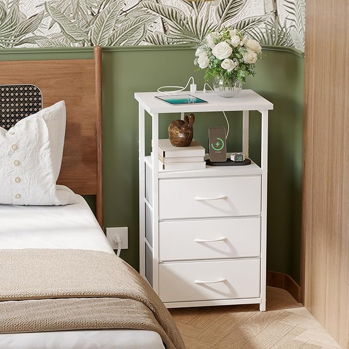 Fixwal White Night Stand, Nightstand with Charging Station, End Table, Bedside Table with Fabric Drawers for Bedroom