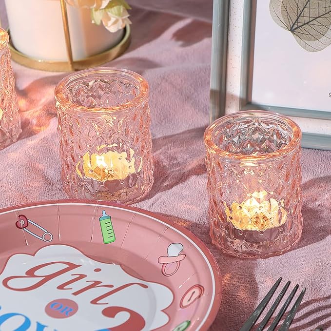 12pcs Pink Votive Candle Holders, Tealight Candle Holder for Valentine's Day, Baby Shower Decorations for Girl, Glass Candle Holder for Wedding Centerpieces, Bridal Shower, Party Decorations