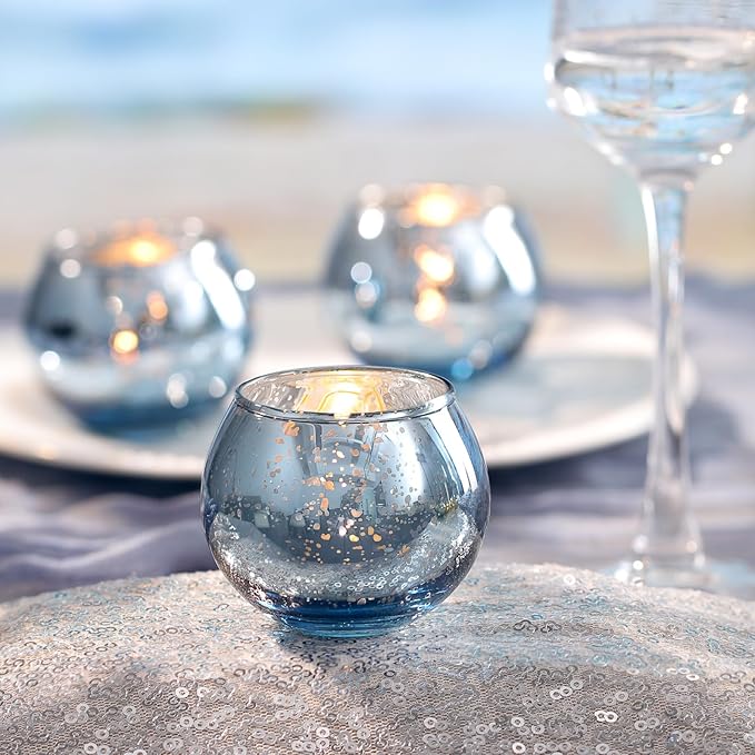 LAMORGIFT 24 Pcs Blue Votive Candle Holders Bulk- Blue Tealight Candle Holders for Wedding Decor, Mercury Glass Votives for Bridal Shower, Baby Shower Table Centerpieces