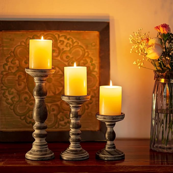 Wood Pillar Candle Holder: 3Pcs Rustic Candle Holders for Pillar Candles Wood Candle Holders Distressed Wooden Farmhouse Large Candle Holder for Fireplace Table (Black, 6", 8", 12")