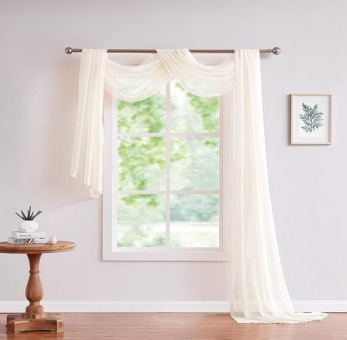 LinenZone Beige Window Scarf Valance in 216 Inch Size. Use Window Scarves as Canopy Bed or Backdrop Curtains, Curtain Scarf, or Sheer Fabric for Draping. (Amazing 55 x 216, Beige)