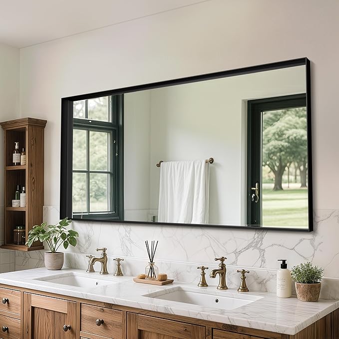 Suidia Bathroom Mirror, 60" x 30" Wall Mirror Metal Framed, Bathroom Vanity Mirror for Living Room Bedroom Bathroom Entryway, Black, Rect Corner Style