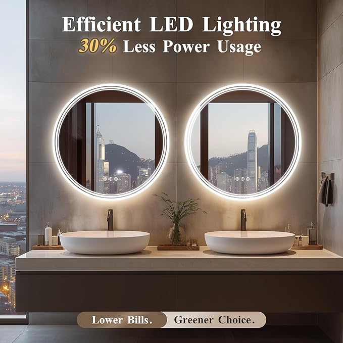 30''x30'' Lighted Mirrors for Bathroom Wall Backlit + Front Lit, Round LED Bathroom Mirror Frameless with Lights Anti Fog, Dimmable, 3 Colors,Tempered Glass, Shatter-Proof