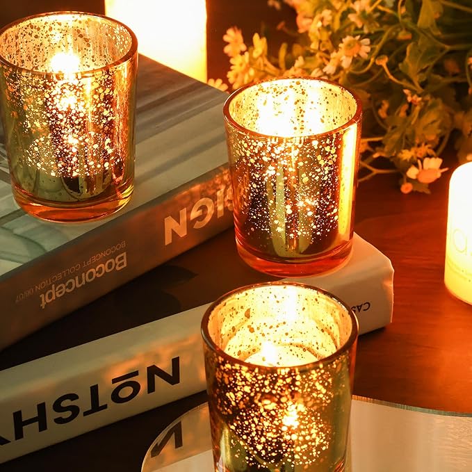 24 Pcs Gold Votive Candle Holders, Speckled Mercury Gold Glass Candle Holder Bulk for Wedding Centerpiece Table Decor, Tea Lights Candle Holder for Valentines Day Decor, Home Decor