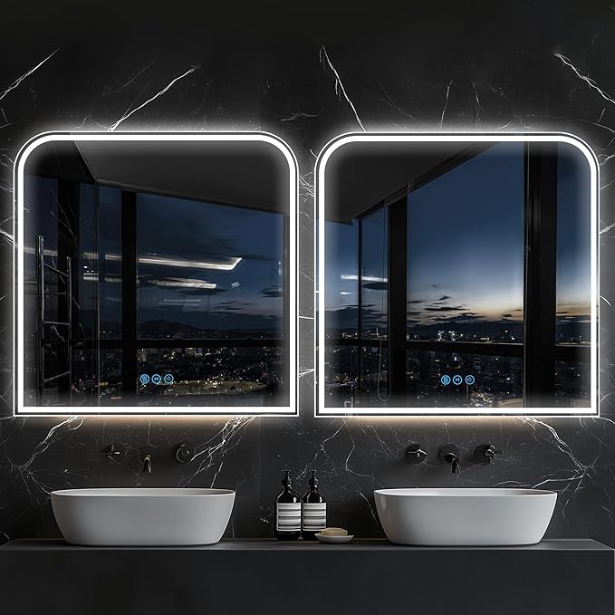LED Bathroom Mirror, 36"x 36" LED Mirror with Lights for Bathroom, Lighted Vanity Mirrors for Wall, Anti-Fog, Dimmable, Tempered Glass, Memory Function, 3 Colors, Safe Use (White)