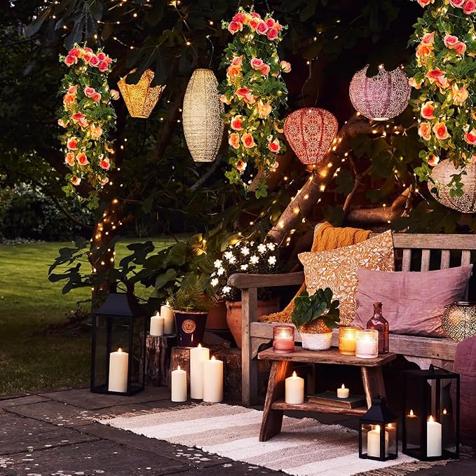 RECUTMS 2pcs Artificial Hanging Plants 32 in Fake Plant Ivy Vine Outdoor UV Resistant Plastic (Champagne)