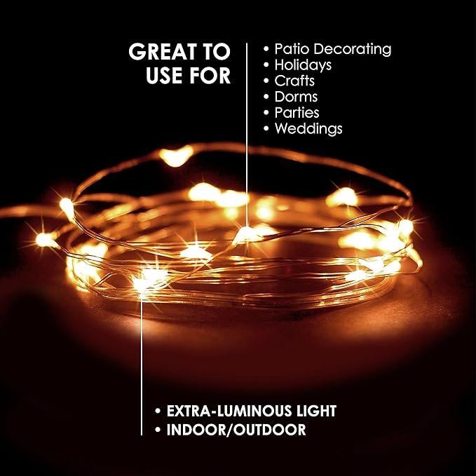 2 Sets 20 LEDs Warm White Color String Lights Silver Wire Indoor and Outdoor 6.5 Feet Firefly Starry Fairy Lights Battery Powered for DIY, Christmas, Holidays, Party, Bedroom and Centerpieces