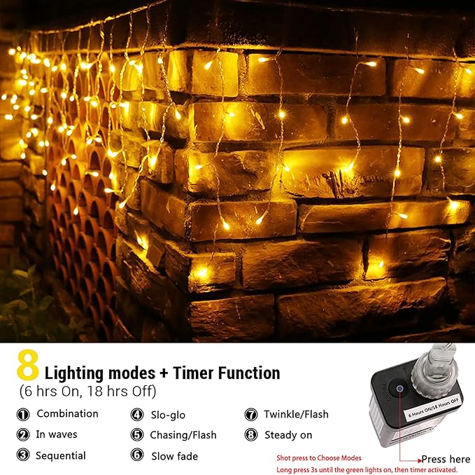 Toodour Christmas Icicle Lights Outdoor, 612 LED 50ft 8 Modes Fairy Icicle String Light with 102 Drops, Led Christmas Lights Twinkle for Holiday, Party, Wedding, Eaves, Xmas Decorations (Warm White)