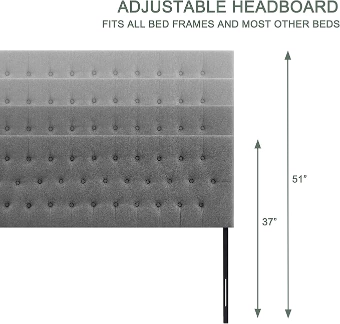 Tufted Upholstered Headboard Full Size, Solid Wood Head Board with Durable Metal Legs, Adjustable Height Full XL headboard from 37” to 51” Fabric Headboard in Modern Button Design, Grey