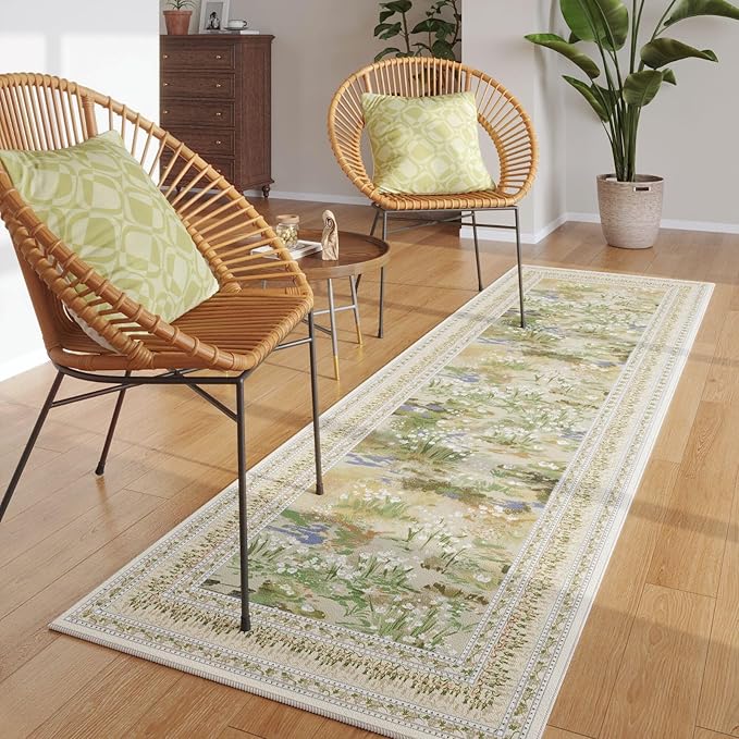 2x6 Runner Rug Impressionist-Style Vintage Kitchen Rugs Non Slip Washable Soft Carpet Runner for Kitchen Laundry Bedroom Bathroom, Beige