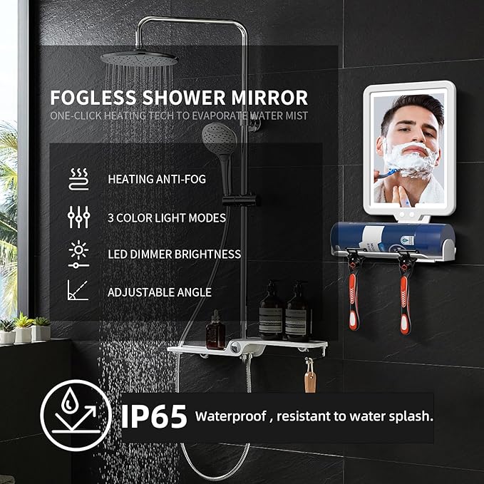 Lighted Shower Mirror Fogless for Shaving, Heated Fog Free Large 9.5*7inch 3 Color Modes Dimming Shower Shaving Mirror with Light, Rechargeable Anti-Fog Shower Mirror with Storage Tray & Razor Holders