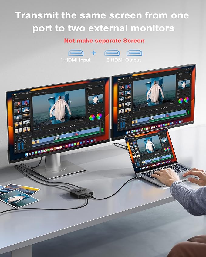 HDMI Splitter 1 in 2 Out, 4K HDMI Splitter Not for Extended Display (Mirror Only/Copy Mode),Sends Same Content to 2 Screens(Need Power 5V 1A), Works with Laptop,TV,Monitor(Hdmi Cable Not Included)