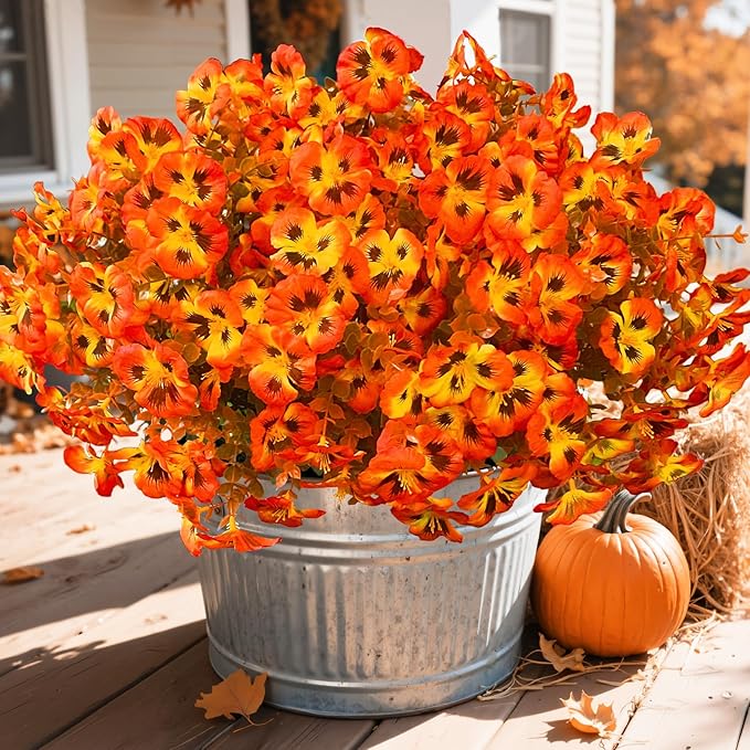 Ouddy Decor 15 Bundles Fake Mums Artificial Fall Flowers for Decorations, Fall Faux Pansy Flowers UV Resistant Fake Plants for Garden Porch Patio Farmhouse Autumn Harvest Thanksgiving Decor, Orange