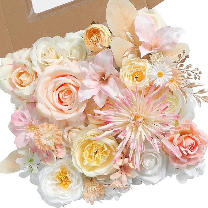 Artificial Flowers Combo Box Set Faux Fake Flower Leaf with Stems Arrangements for DIY Wedding Bouquets Party Table Centerpieces Home Decorations Yellow Pink