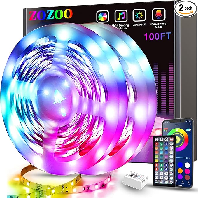 ZOZOO 100ft Led Lights for Bedroom(2 Rolls of 50ft), Smart RGB Led Strip Lights with 44-Key Remote & APP Control Music Sync with Color Changing for Home Party Festival Decoration