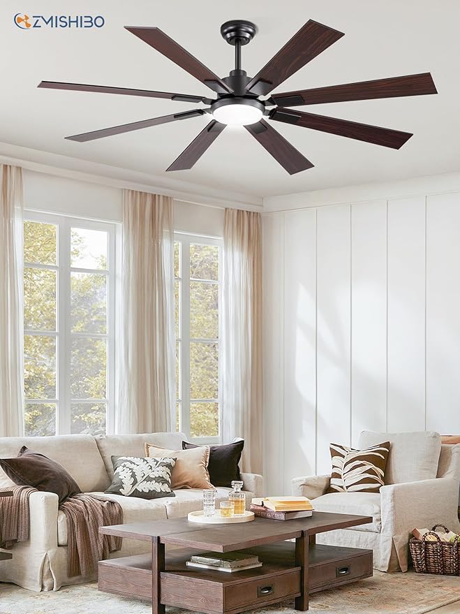 ZMISHIBO 62 inch Large Ceiling Fans with Lights and Remote, Indoor/Outdoor Black Modern Ceiling Fan for Kitchen Living Room Patio, 6 Speed Reversible Quiet DC Motor, 3 CCT, Dual Finish 8 Blades