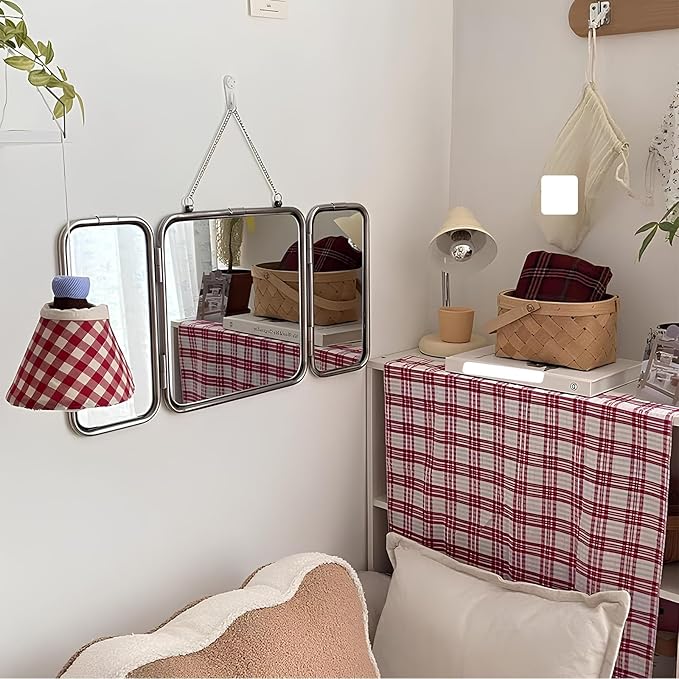 30 * 60cm Modern Tri-Fold Glass Mirror with Chain, Foldable Vanity Makeup Mirrors, Home Wall-Mounted Bathroom Mirror with Metal Frame for to See Back of Head