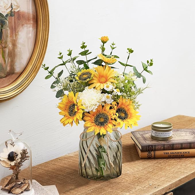 Fake Flowers Artificial Sunflowers with Vase, Faux Silk Flowers Plants for Home Office Decorations, Kitchen Dining Table Decor, Farmhouse Centerpiece Table Decoration