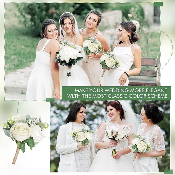 SEMONONIA Wedding Bridesmaid Bouquet Flower 1 Pack - Ivory White Artificial Flowers Bouquet Rustic Small Floral Centerpieces for Marriage Proposal Party Anniversary Dining Table Decorations -7inch