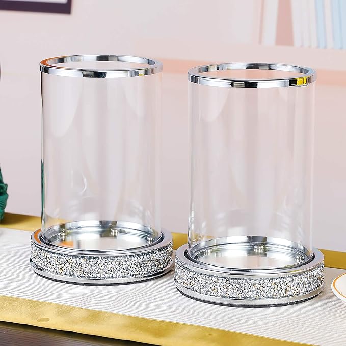 Pillar Candle Holders set of 2,Hurricane Candle Holders for Pillar Candle,Glass Candle Holder for Coffee Dining Table, Wedding, Christmas, Halloween, Home Decoration,Silver Candle Holders