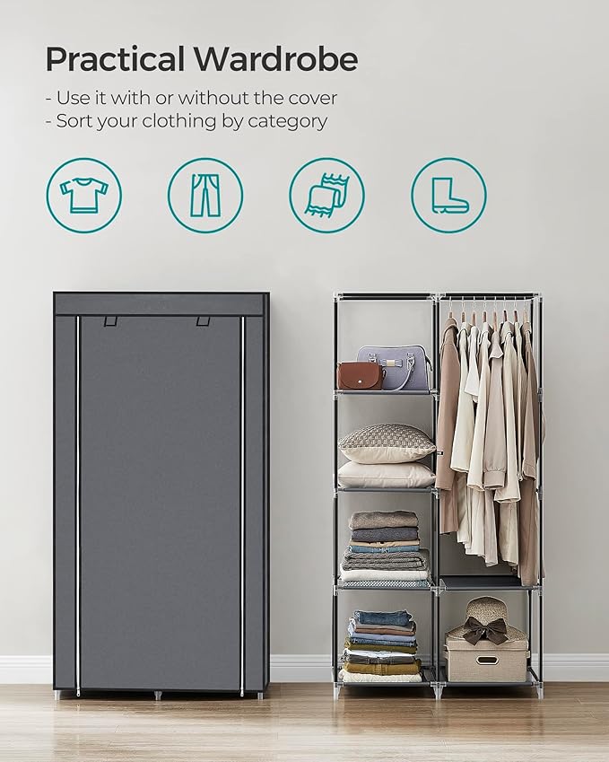SONGMICS Portable Closet, Clothes Storage Organizer with 6 Shelves, 1 Clothes Hanging Rail, Non-Woven Fabric Closet, Metal Frame, 34.6 x 17.7 x 66.1 Inches, Grey URYG84GY