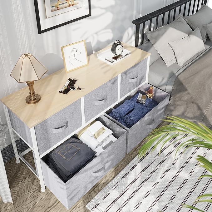 YITAHOME 5 Drawer Dresser - Fabric Storage Tower, Organizer Unit for Bedroom, Living Room, Hallway, Closets - Sturdy Steel Frame, Wooden Top & Easy Pull Fabric Bins