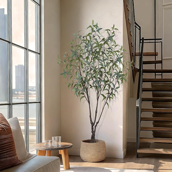 Artificial Eucalyptus Tree 7ft(84in) Faux Floor Potted Tree for Indoor Decor Large Realistic Trees Plants with Silk Leaves and Natural Wood Trunk for Home Living Room,Office Foyer Decor.