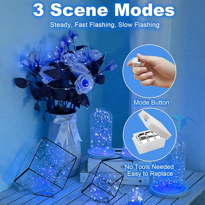 50 Pack Fairy Lights Battery Operated - 3 Speed Modes, 7Ft 20 LED String Twinkle Lights, Waterproof Copper Wire, Mini Firefly Light for Mason Jars Vases Christmas Decor, Blue