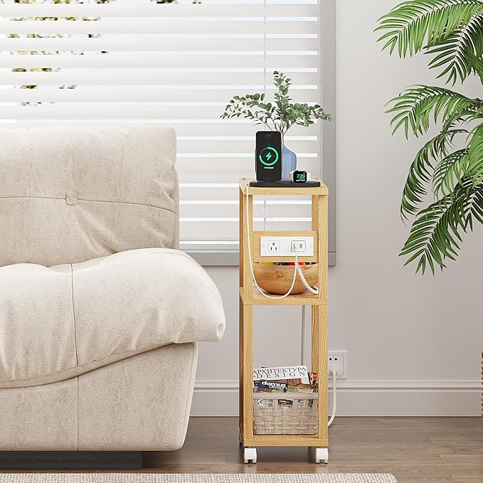 TUTOTAK Small Narrow Side Table with Charging Station, Skinny End Table for Small Spaces, Slim Nightstand with USB Ports and Outlet, Sofa Beside Table with Wheels, Natural TB01BN047