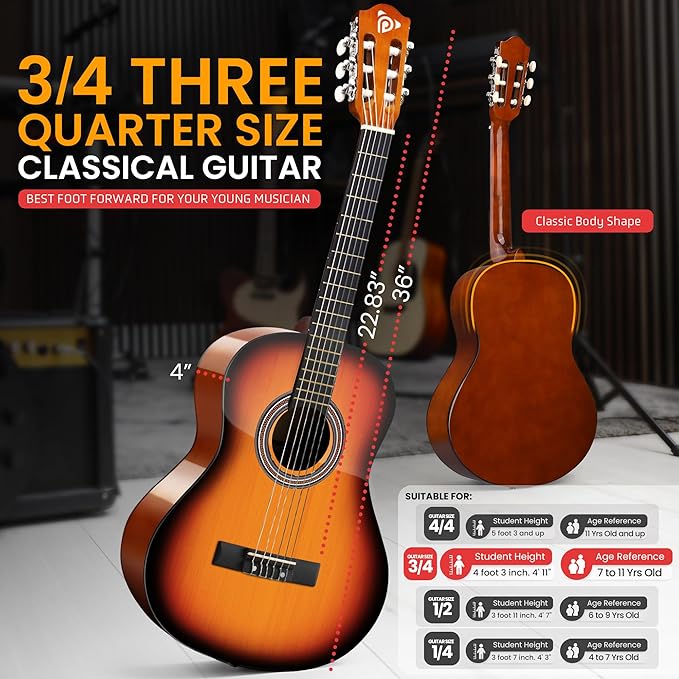 Pyle Beginner Acoustic Guitar Kit, 3/4 Junior Size All Wood Instrument for Kids, Adults, 36" Sun Burst, Gloss