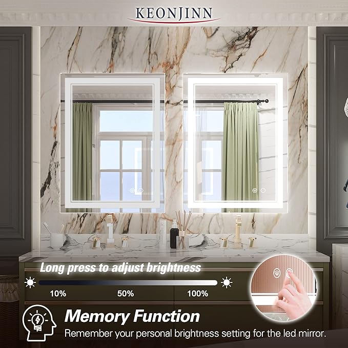 Keonjinn LED Mirror 24 x 32 Inch, Lighted Bathroom Vanity Mirror for Wall, Fronlit Only, HD Tempered Glass, UL-Listed LED Driver, Anti-Fog, Dimmale 6000K, Easy Installation(Horizontal/Vertical)