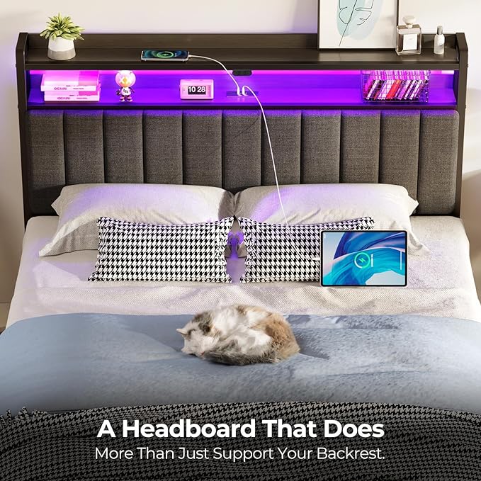 Rolanstar Headboard for Queen Size Bed with Storage, 60,000 DIY Color of LED Light, Head Board with USB & Type C Port, Height Adjustable, Black Upholstered Cabeceras de Cama Comfortable Modern, Linen