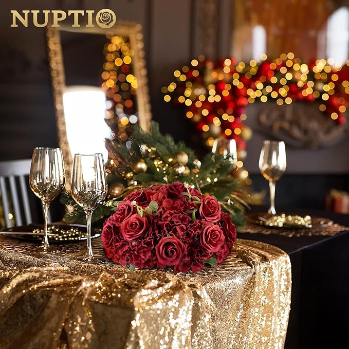NUPTIO Flower Wedding Centrepieces for Tables: 10 Pcs Burgundy Artificial Flowers Roses Balls 14.2 inch Diam for Centerpiece Fake Silk Rose Arrangements Weddings Reception Birthday Party Decoration