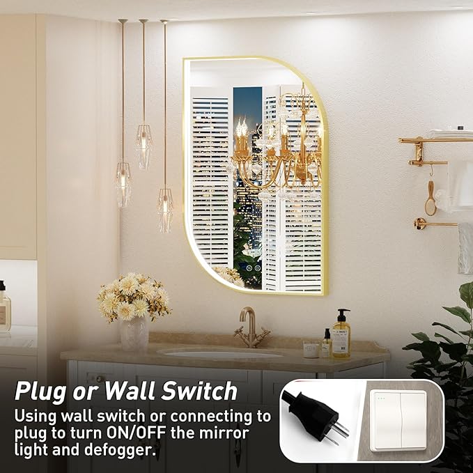 24X32 Inch LED Mirror for Bathroom with Lights,Gold Frame Lighted Irregular Asymmetrical Vanity Wall Mirror,Anti-Fog,Dimmable