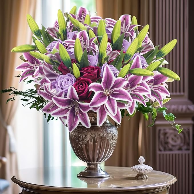 Hotop 20 Pcs Artificial Flowers Velvet Realistic Roses and Latex Lilies Flowers Bouquet Decorations Arrangements for Home Table Centerpieces Independence Day(Violet, Light Purple,Purple)