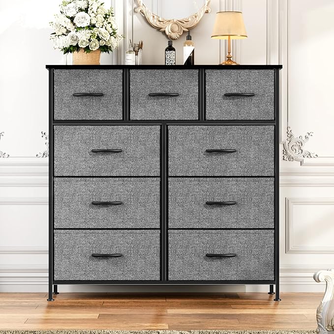 OLIXIS Dresser for Bedroom, 9 Storage Drawers, Wide Fabric Closet Chests Organizer Tower Furniture, TV Stand with Wooden Top Metal Frame for Clothes, Living Room, Hallway, Entryway, Classic Grey