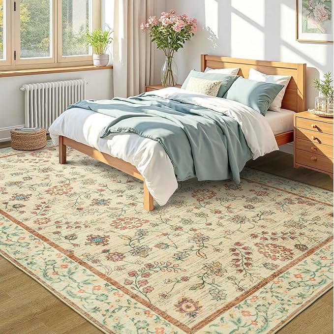 LOCHAS Washable Area Rugs 5x7, Beige Floral Rug for Living Room Bedroom Non Slip, Ultra Soft Vintage Indoor Carpet for Kids, Nursery, Dorm, Dining Room, Classroom, Boho Flower Home Decor, Low-Pile