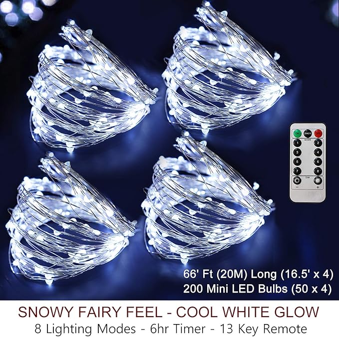 Bright Zeal 66 Ft 200 LED 8 Mode Christmas String Lights Cool White - Outdoor Battery LED String Decorations with Timer - Waterproof Fairy Lights Battery Operated - Indoor Christmas Tree Decor