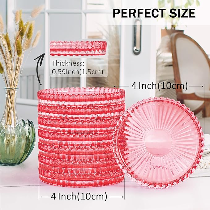 Glass Candle Holders, GOH DODD Set of 8 Crystal Pillar Plates Modern Coasters for Drinks, Centerpiece, Home Decor, Kitchen, Living Room, Patio, Wedding, Halloween, Christmas, Party, Clear Red