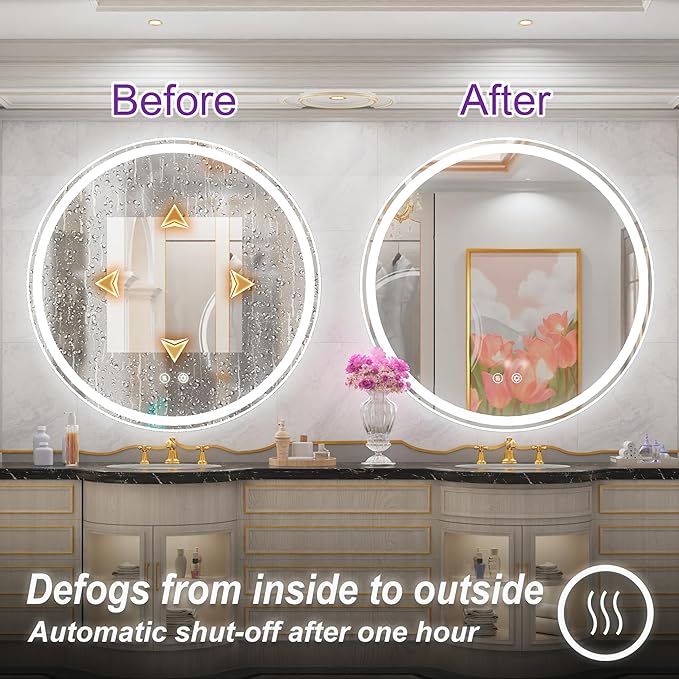 40 Inch Large Round Lighted Bathroom Mirror, Circle Vanity Mirror with Lights, Wall Mounted, Dimmable, Memory, Anti-Fog, 6000K
