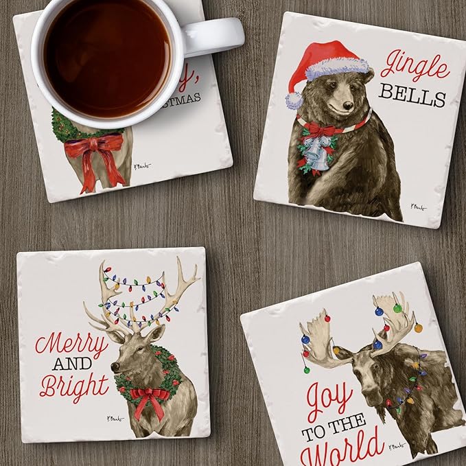 Thirstystone Merry Lodge Creatures 4 Pack Assorted Tumbled Tile Stone Coasters with Protective Cork Backing 4" Square Manufactured in The USA