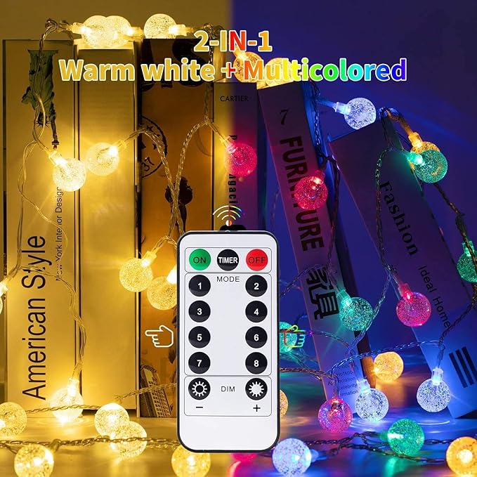 Minetom Globe String Lights Plug in - 33 ft 100 LED USB Crystal Globe Fairy Lights with Remote and Timer, Waterproof for Bedroom Tent Porch Patio Party Garden Indoor, Warm White and Multicolor