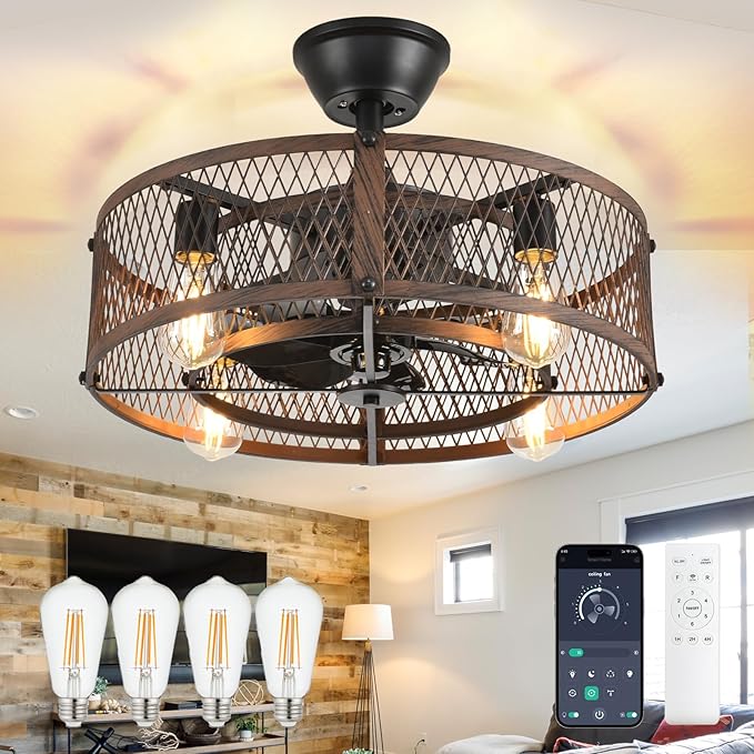 DLLT Caged Ceiling Fan with Lights: 20" Farmhouse Fandelier with Light and Remote - Walnut Industrial Chandelier Fan Light for Bedroom Living Dining Room Kitchen