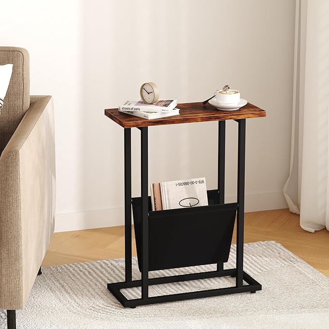 Yusong Narrow Side Table for Small Spaces, Small End Table Set of 2 with Magazine Holder, Skinny Slim Little Thin Table for Living Room, Bedroom, Sofa, Rustic Brown